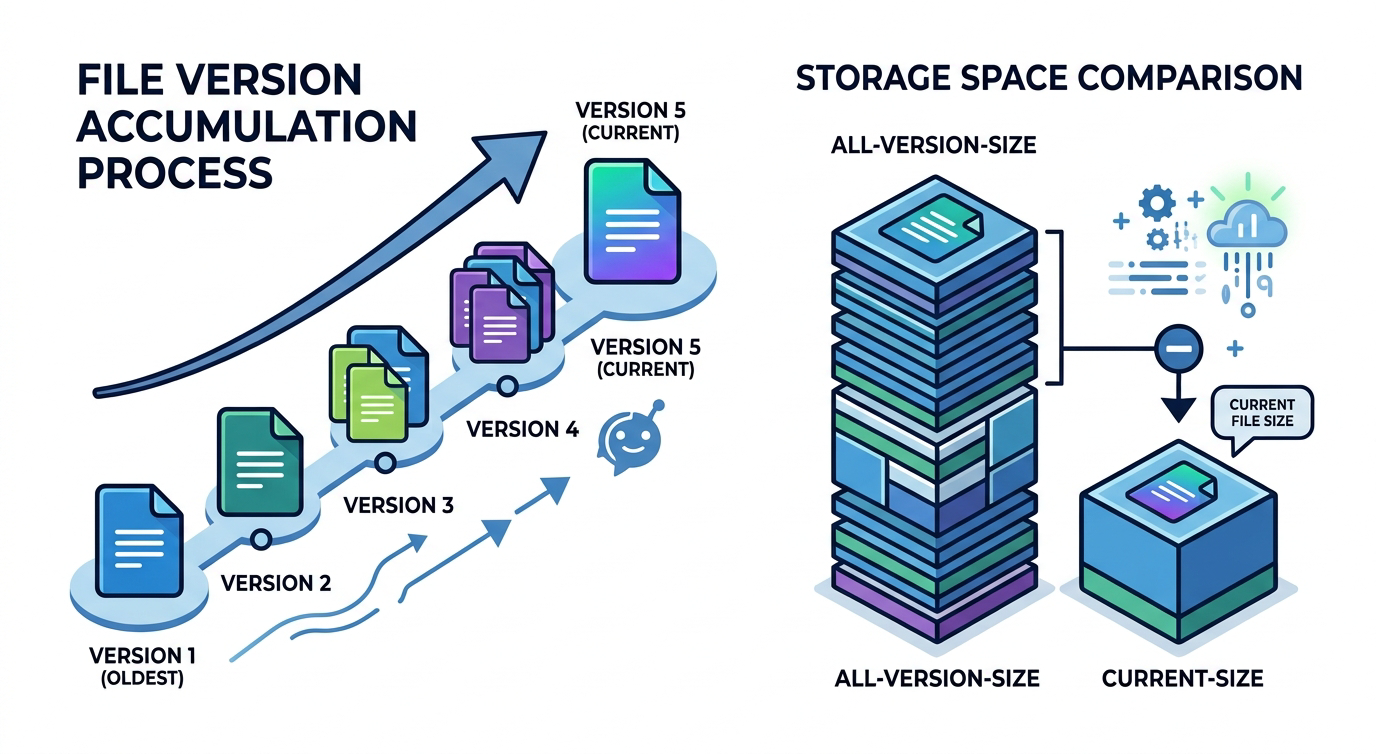 Diagram explaining how version history accumulates storage consumption over time