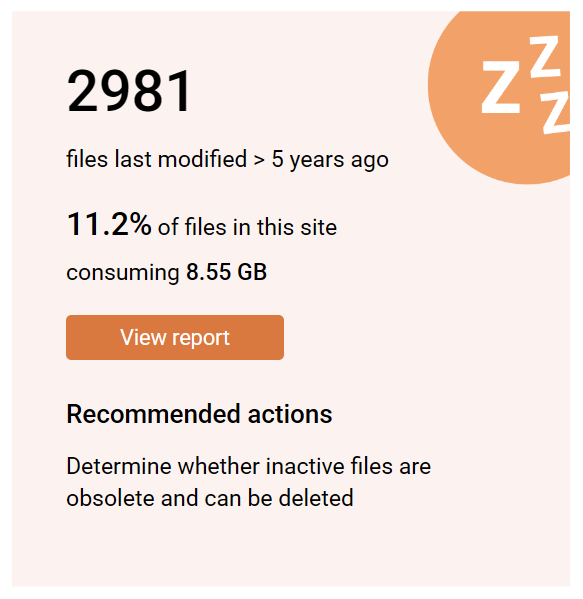Screenshot of an inactive files report for a site
