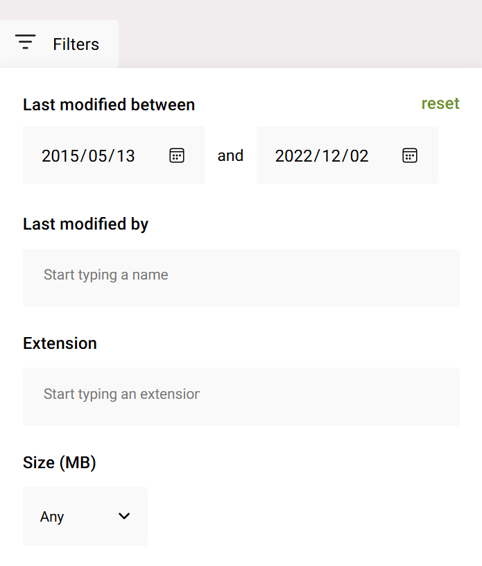 Screenshot of a file results filter