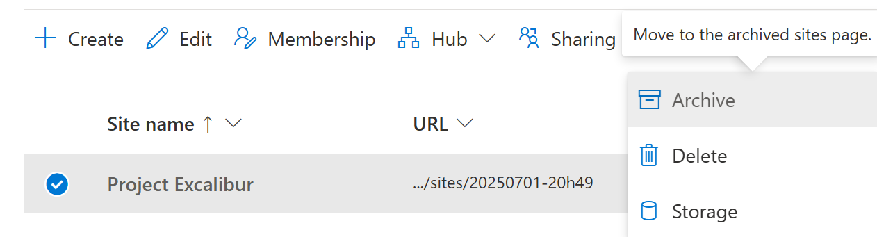 Screenshot of the site-level archiving button in the SharePoint admin center