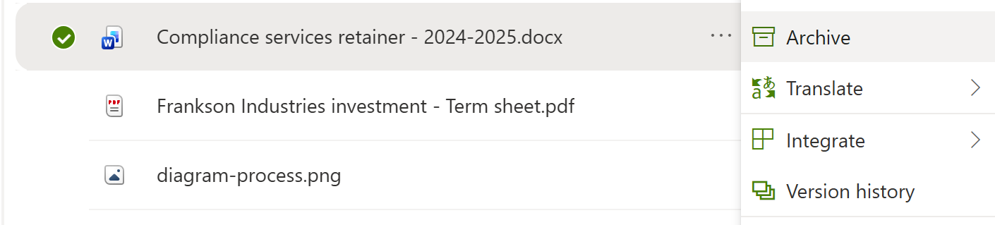 Screenshot of the Archive context menu action in a SharePoint document library