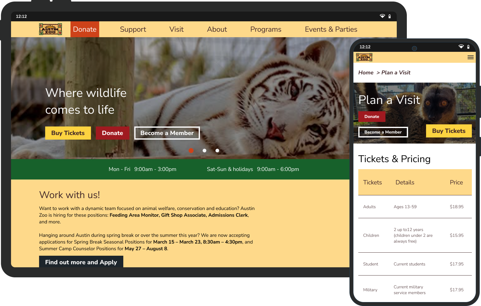 A tablet mockup of the zoo's homepage featuring a white tiger and a mobile mockup of the Plan a Visit page with a lemur, ticket prices, and a button saying "buy tickets."