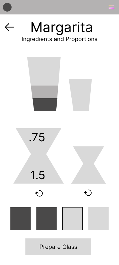 Mid-fidelity mock up of the Ingredients and proportions page. It has a Boston shaker at the top of the screen with nothing in the small part and two differing color gray layers in the big part to indicate two ingredients have already been added. Below that are two jiggers with rotation arrows. The bigger jigger says 0.75 oz at the top and 1.5 oz at the bottom, while the small jigger remains unlabeled. At the bottom of the screen are four ingredient tiles two that are dark to indicate they have been added to the shaker, on that is outlined to indicate it is revealed and the user must select a measurement on one of the jiggers, and one that is not yet revealed. 