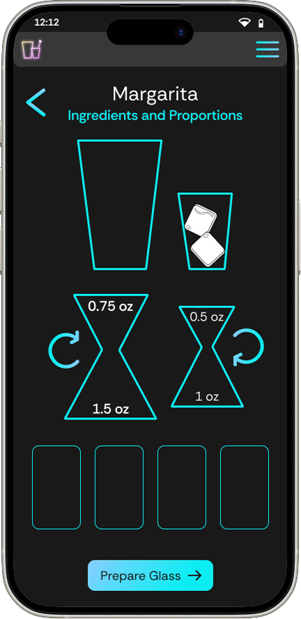 high-fidelity mobile mock up of the Ingredients and proportions page. It has a Boston shaker at the top of the screen with ice in the small part and nothing in the big part. Below that are two jiggers with rotation arrows. The bigger jigger says 0.75 oz at the top and 1.5 oz at the bottom, while the small jigger has 0.5 oz at the top and 1 oz at the bottom. At the bottom of the screen are four ingredient tiles that are not yet revealed. 