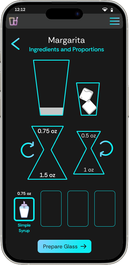 high-fidelity mobile mock up of the Ingredients and proportions page. The shaker has a gray layer in it to indicate an ingredient has been added. The first tile is now outlined in blue.