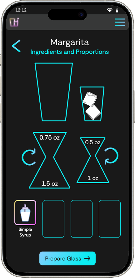 high-fidelity mobile mock up of the Ingredients and proportions page The first ingredient tile is now visible with an orange and pink neon outline. It shows a small illustration of a sugar cannister and says "Simple Syrup."
