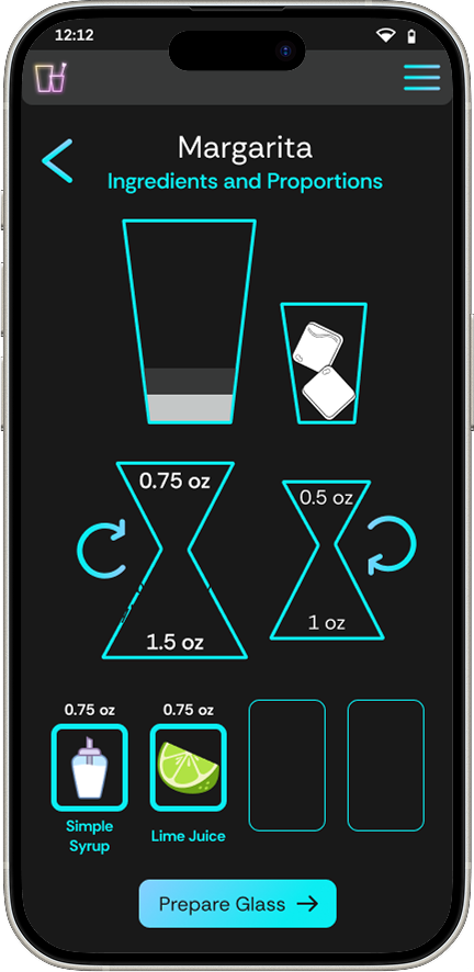 high-fidelity mobile mock up of the Ingredients and proportions page. The second tile is now outlined in neon blue and there is a second different gray layer in the large side of the Boston shaker. 
