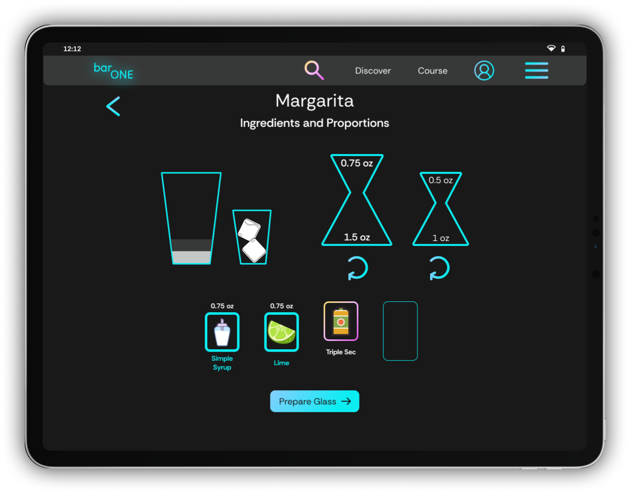 Landscape tablet mock-up of the Margarita Ingredients and Proportions screen - large side of the  shaker is filled up with two ingredients, small shaker has two ice cubes, two jiggers with volume labels, and four ingredient tiles, two of which are outlined in blue and show how much has been added to the shaker, the third is outlined in pink and orange, and the last ingredient tile has not yet been flipped over.