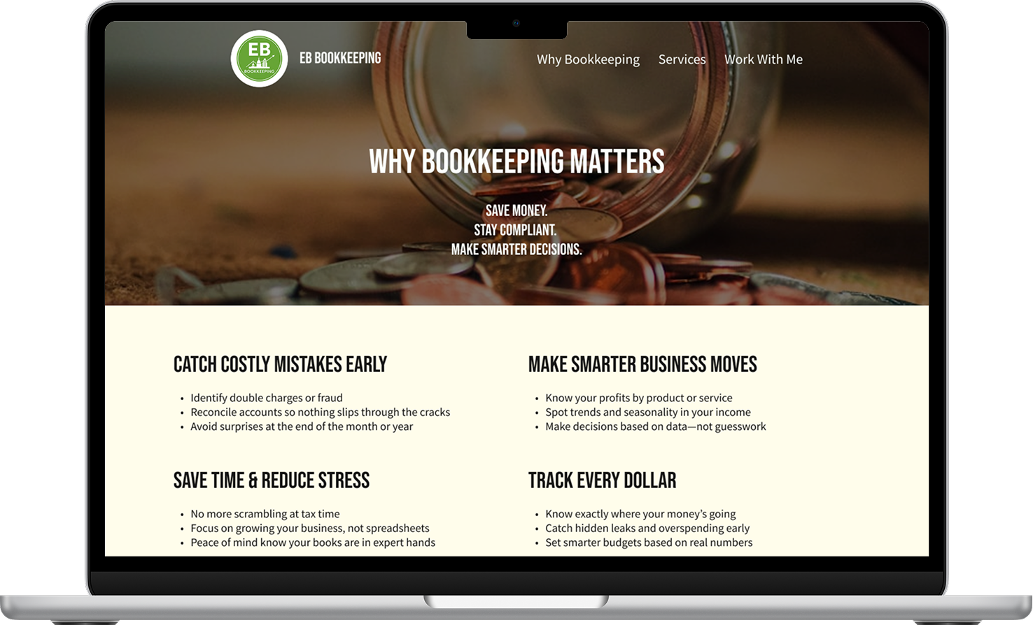 New "Why Bookkeeping Matters" page with a hero image of a spilled jar of coins - in a macbook frame.