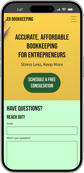 New homepage with a yellow background and two pencils above a light green contact form - in an iPhone frame.