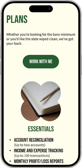 New Services page, but further down we see "Plans" as the title of this section followed by a "work with me" call-to-action button and the details for the Essential plan - in an iPhone frame.