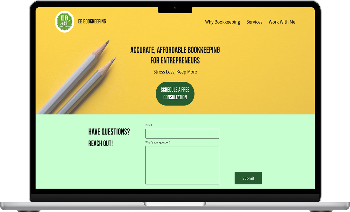New homepage with a yellow background and two pencils above a light green contact form - in a macbook frame.
