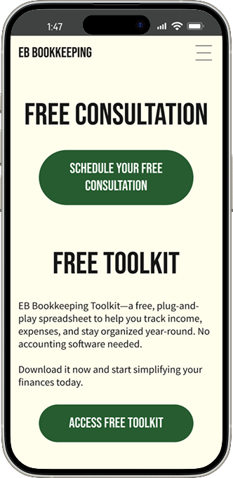 New Work with Me page with two sections: one with a button to schedule a free consultation and one for a free toolkit with a button "access free toolkit" - in an iPhone frame.