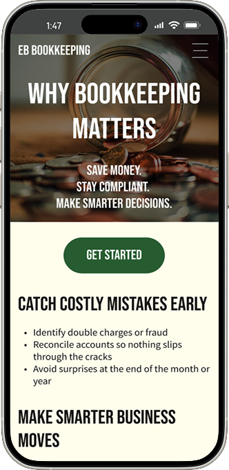 New "Why Bookkeeping Matters" page with a hero image of a spilled jar of coins - in an iPhone frame.