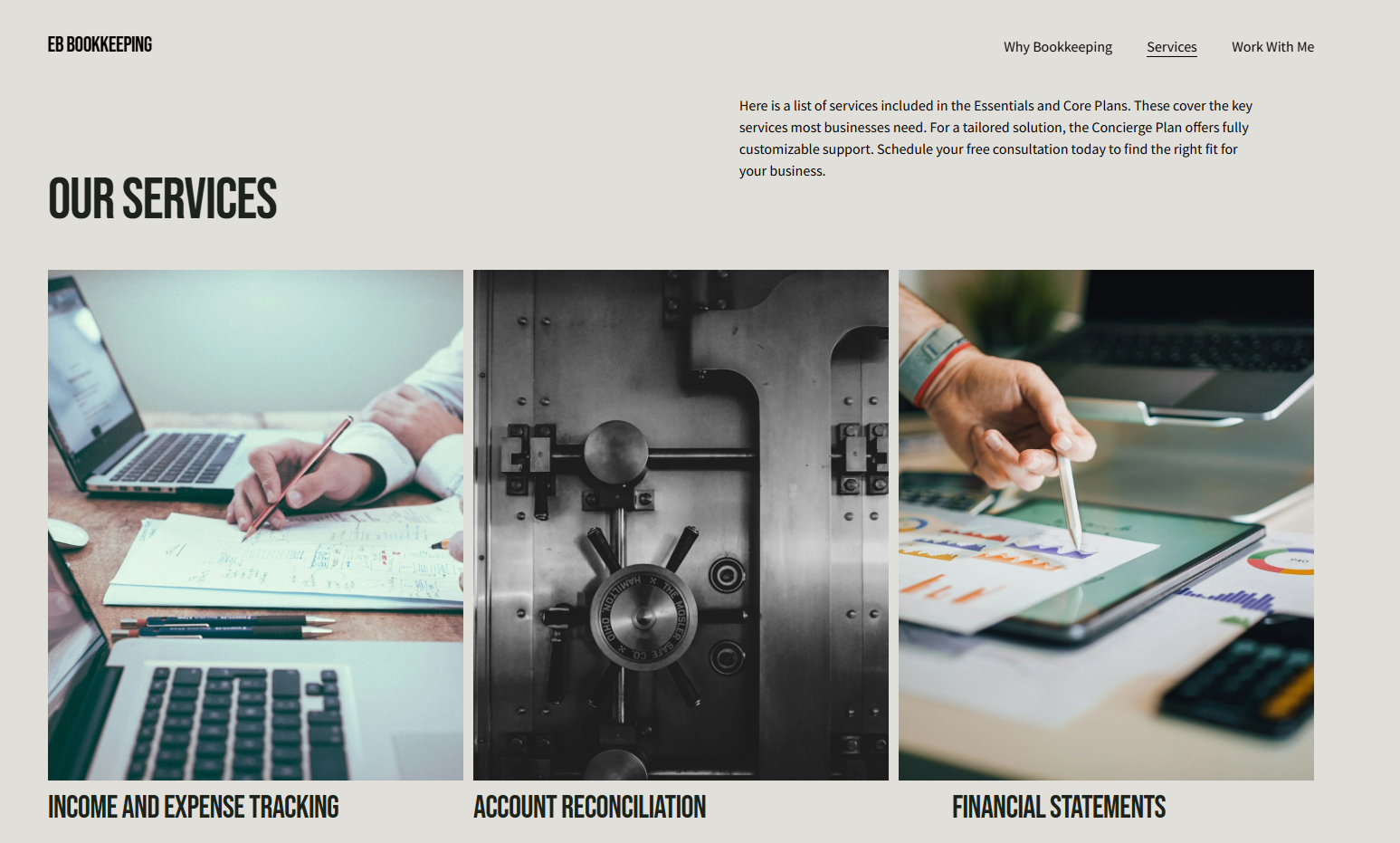Screenshot of the services page. The background is gray, the spacing is inconsistent and the photos for each service aren't quite accurate: a desk with two laptops and a hand writing on some paper for "Income and Expense Tracking." A bank safe for "Account Reconciliation." And an iPad with a printed out set of graphs and a hand with a pencil for "Financial Statements." Spacing is inconsistent.