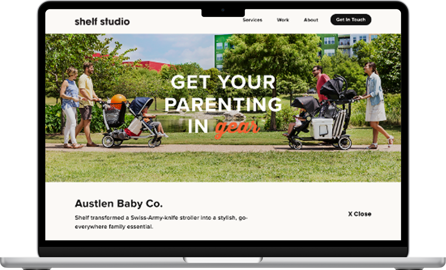 A macbook open to one of the case studies for a stroller for Austlen Baby Co.