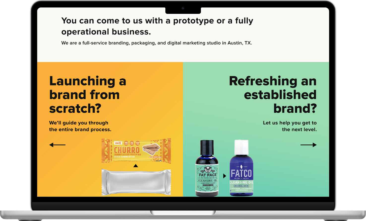 A macbook open to Shelf's Service page. There are two options: one to launch a new brand and a second option to refresh an established brand.