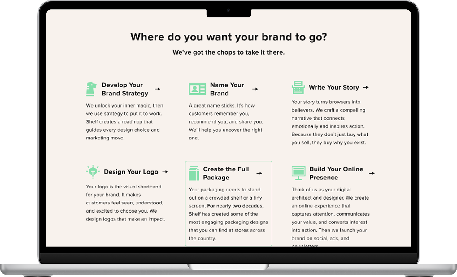 A macbook open to a section on the home page that says: "Where do you want your brand to go? We've got the chops to take it there." Then there's a 3 columns with two rows of steps in the process with icons in the signature mint green of the Shelf brand.