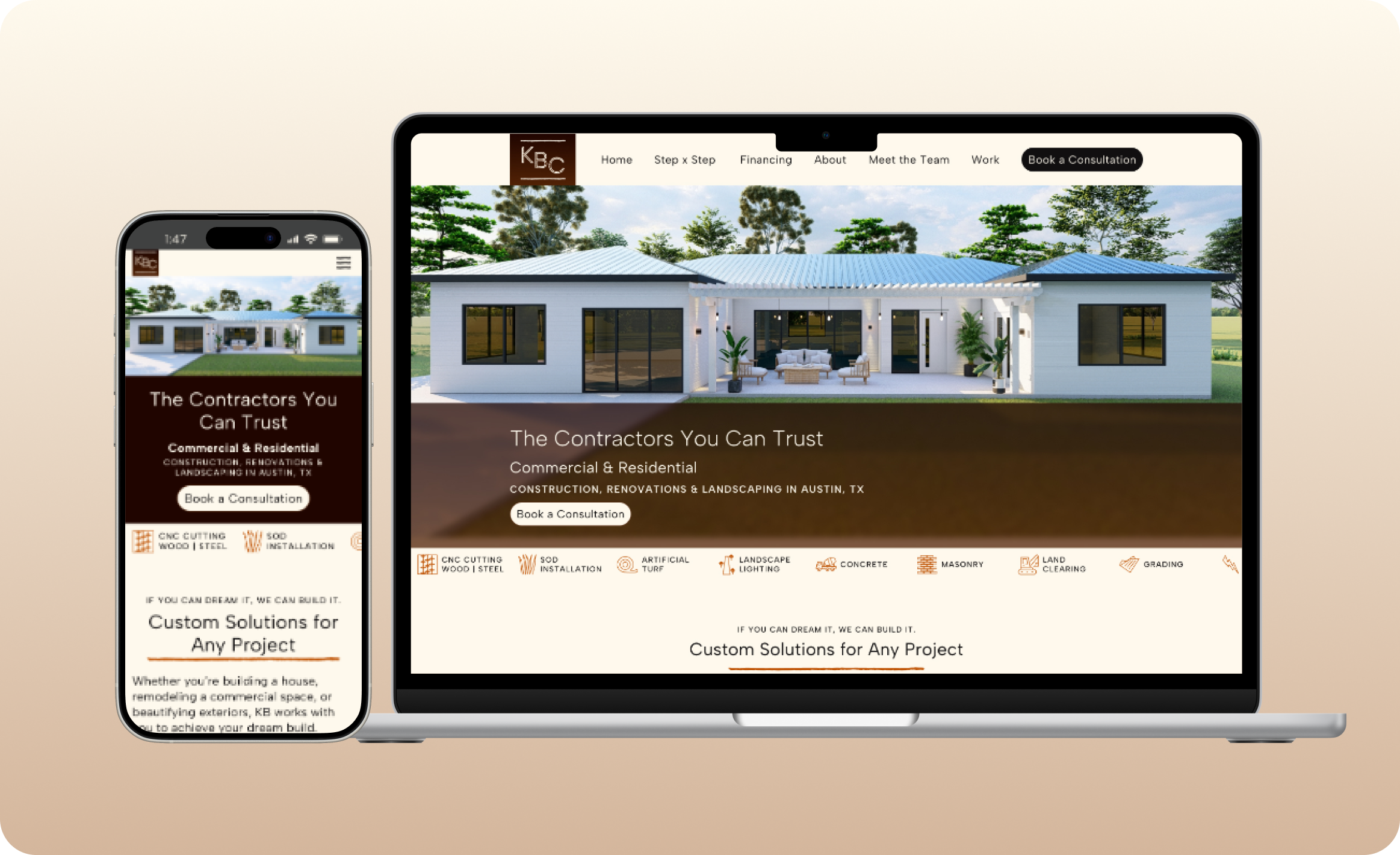 The homepage of KB Contractors TX, featuring a hero image of a one-story white house, a dark brown section with white words "The Contractors You Can Trust."