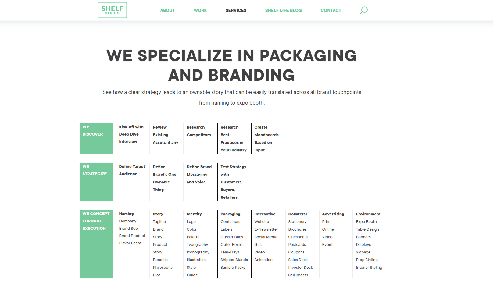 Screenshot of old site's services page with a huge list of information.
