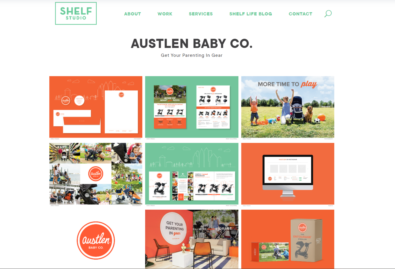 Screenshot of old site's case study for Austlen Baby Co. with a 3x3 grid of branded images.