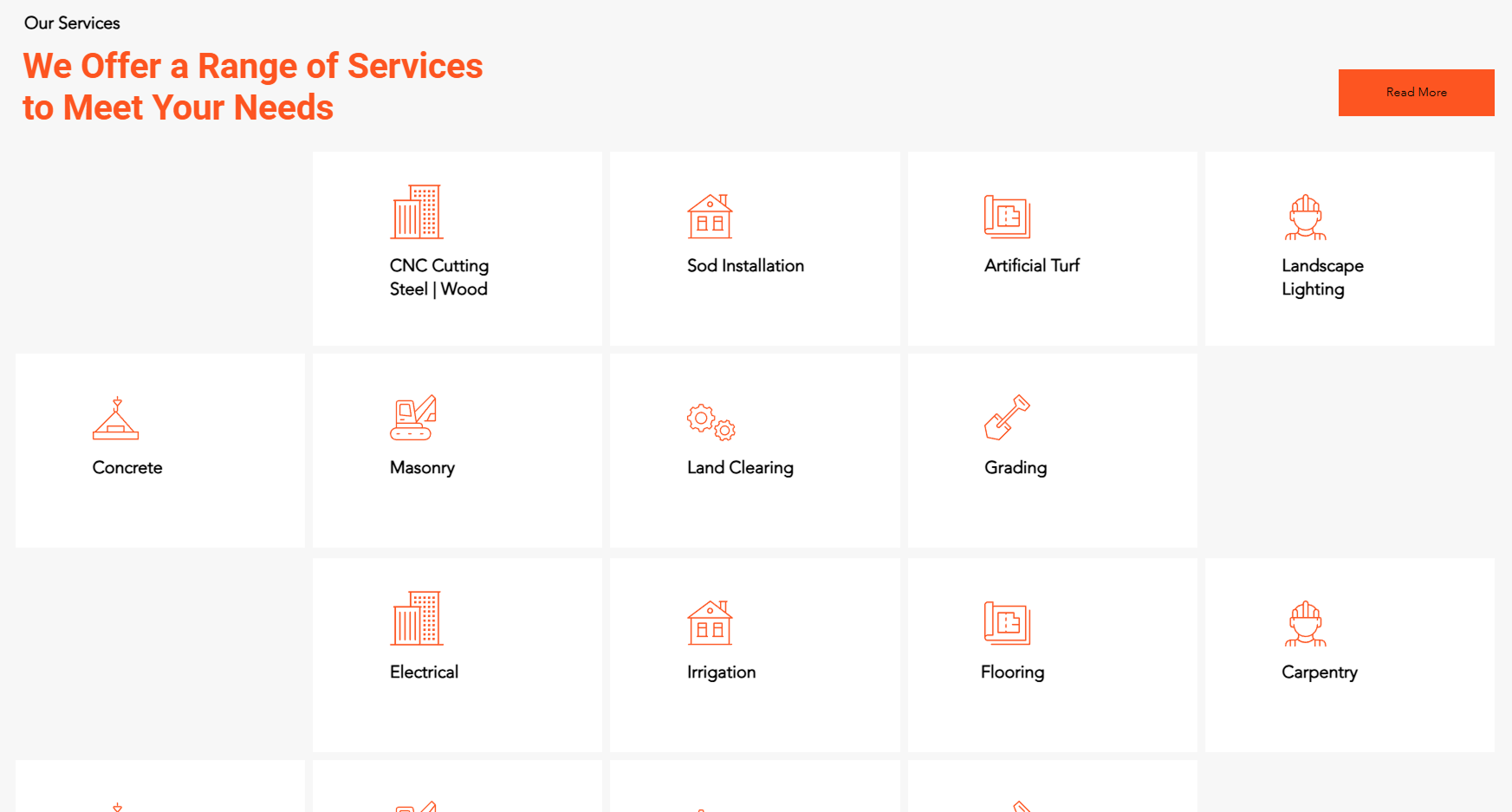 screenshot from original site - Section title "Our Services. We offer a range of services to meet your needs" and then there's a staggered stack of cards with orange icons and text for each services, such as CNC cutting for wood and steel, sod installation, and land scape lighting. The icons are repeated and don't generally match the service they're with.
