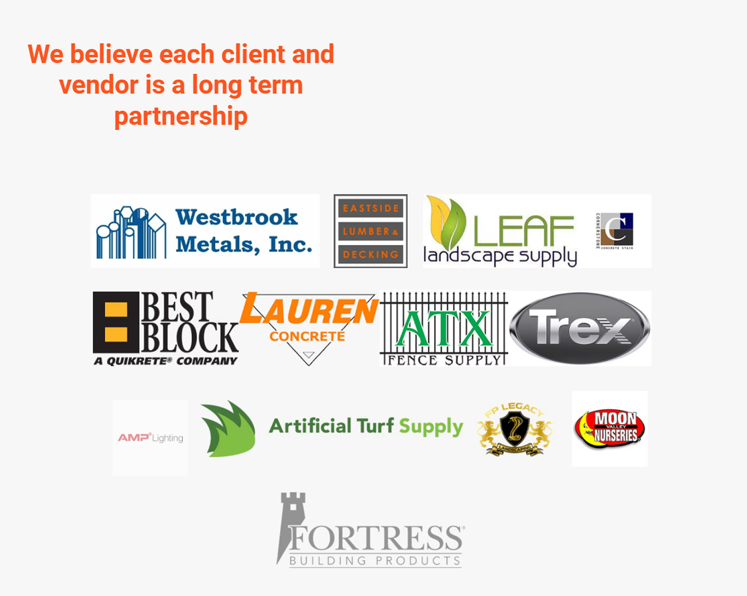 screenshot of the original site - section title flush left but the text is centered: "We believe each client and vendor is a long term partnership." Then there are a bunch of logos of vendors they use all clumped together.