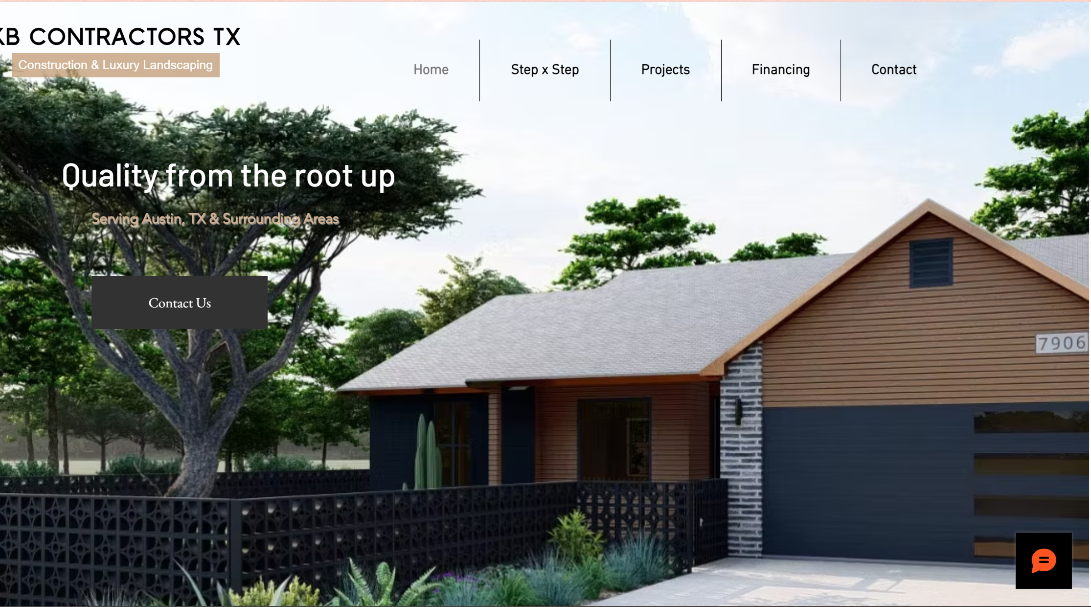 screenshot from original site - home hero section. The header is not fully visible, the image is of a modernized late 1900s house in light brown and black with a low concrete lattice fence
