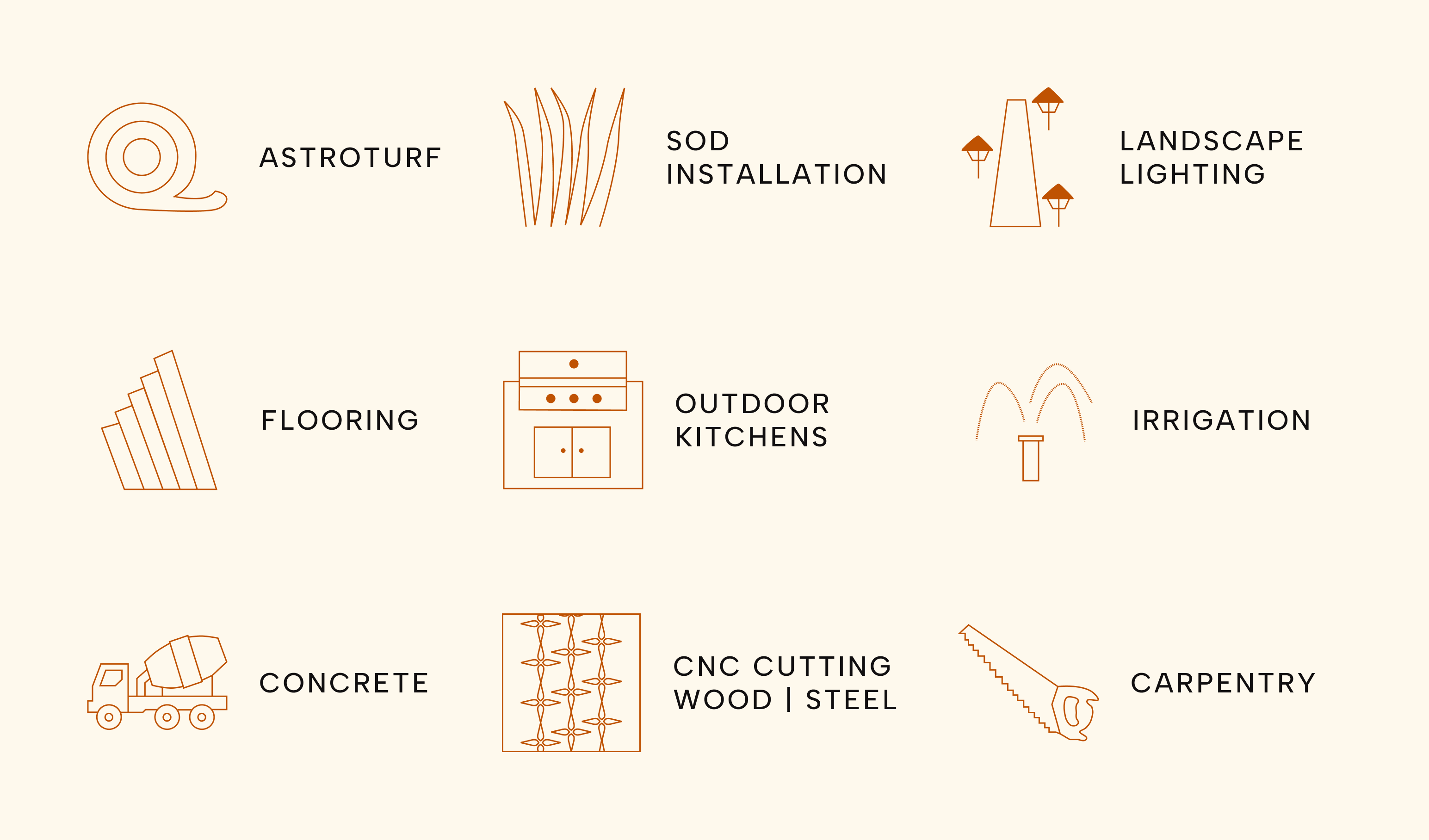 A selection of 9 icons created for the new site: astroturf, sod installation, landscape lighting, flooring, outdoor kitchens, irrigation, concrete, cnc cutting (wood & steel), carpentry. All are constructed of thin dark orange lines and relatively angular.