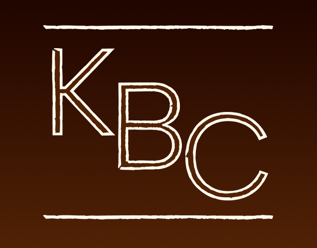 New logo - dark brown background with the letters "KBC" stair-stepping down with a textured outline in a light cream, so it looks kind of like a ranch brand mark. There are two lines above and below the letters in the same textured light cream. 