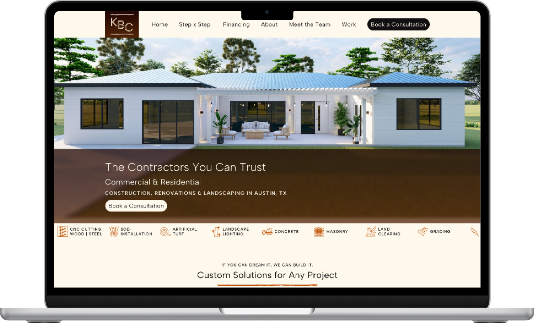 Macbook open to the homepage of KB Contractors TX, featuring a hero image of a one-story white house, a dark brown section with white words "The Contractors You Can Trust."