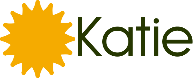 Sun logo and "Katie" in a dark green sans serif font.