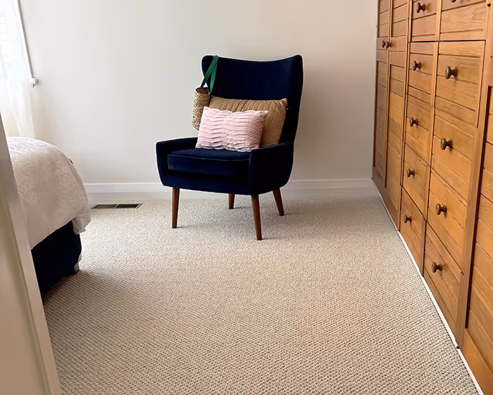 Carpet and Vinyl Planks with dark blue hair and pillows