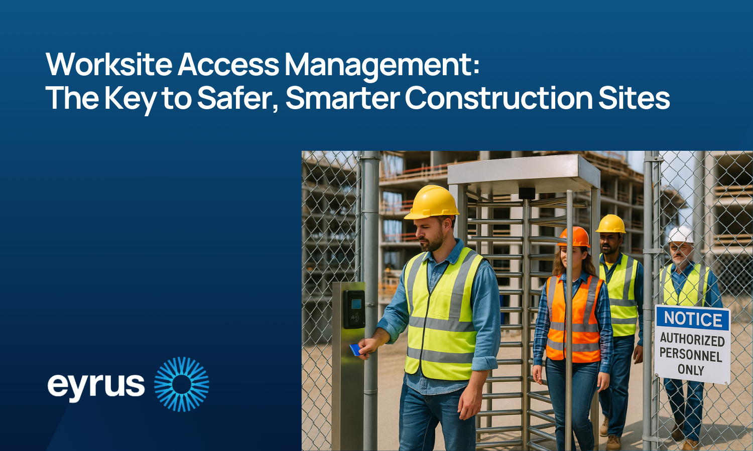 Modern construction site entrance with secure turnstile and digital badge scanner for worksite access management.