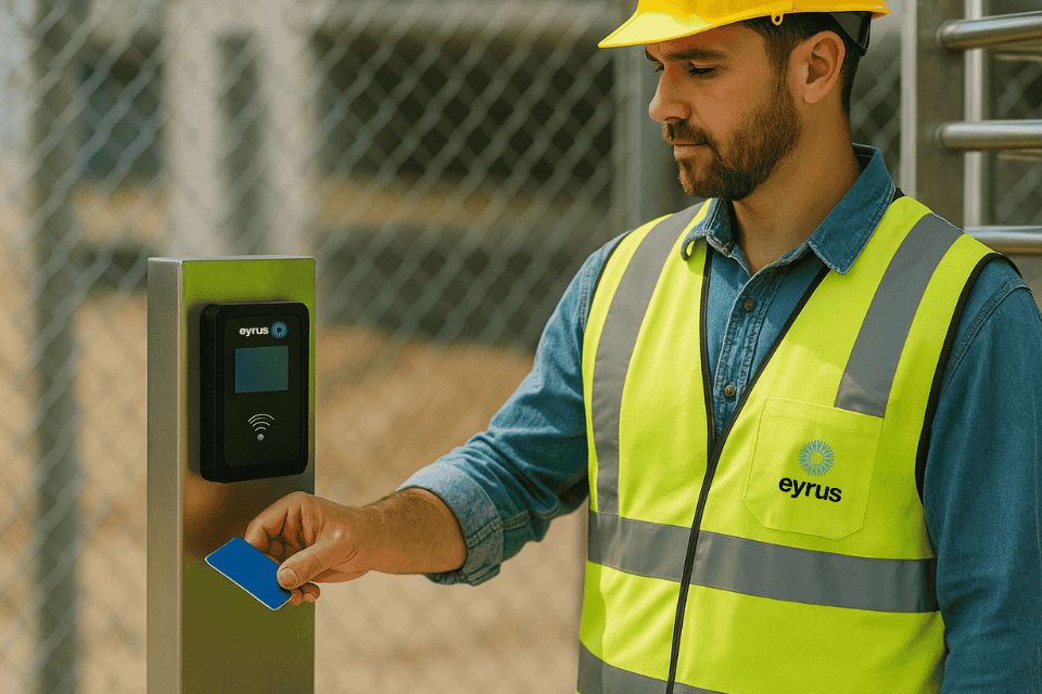 Construction worker scanning ID badge for entry as part of worksite access management system.