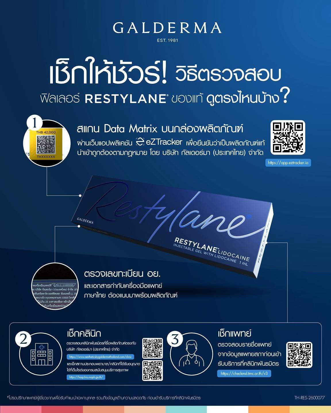 อินโฟกราฟิกวิธีเช็กฟิลเลอร์ RESTYLANE® ของแท้ พร้อมวิธีตรวจสอบผลิตภัณฑ์ คลินิก และแพทย์ก่อนฉีดฟิลเลอร์