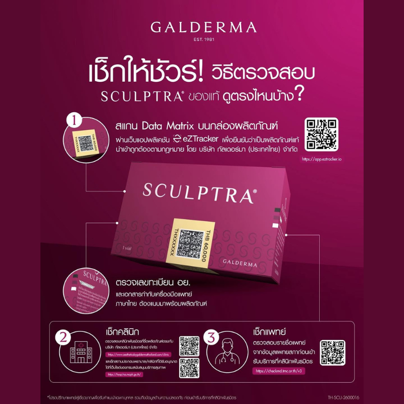 วิธีเช็ก SCULPTRA® ของแท้ ตรวจสอบผลิตภัณฑ์ คลินิก และแพทย์ก่อนฉีด