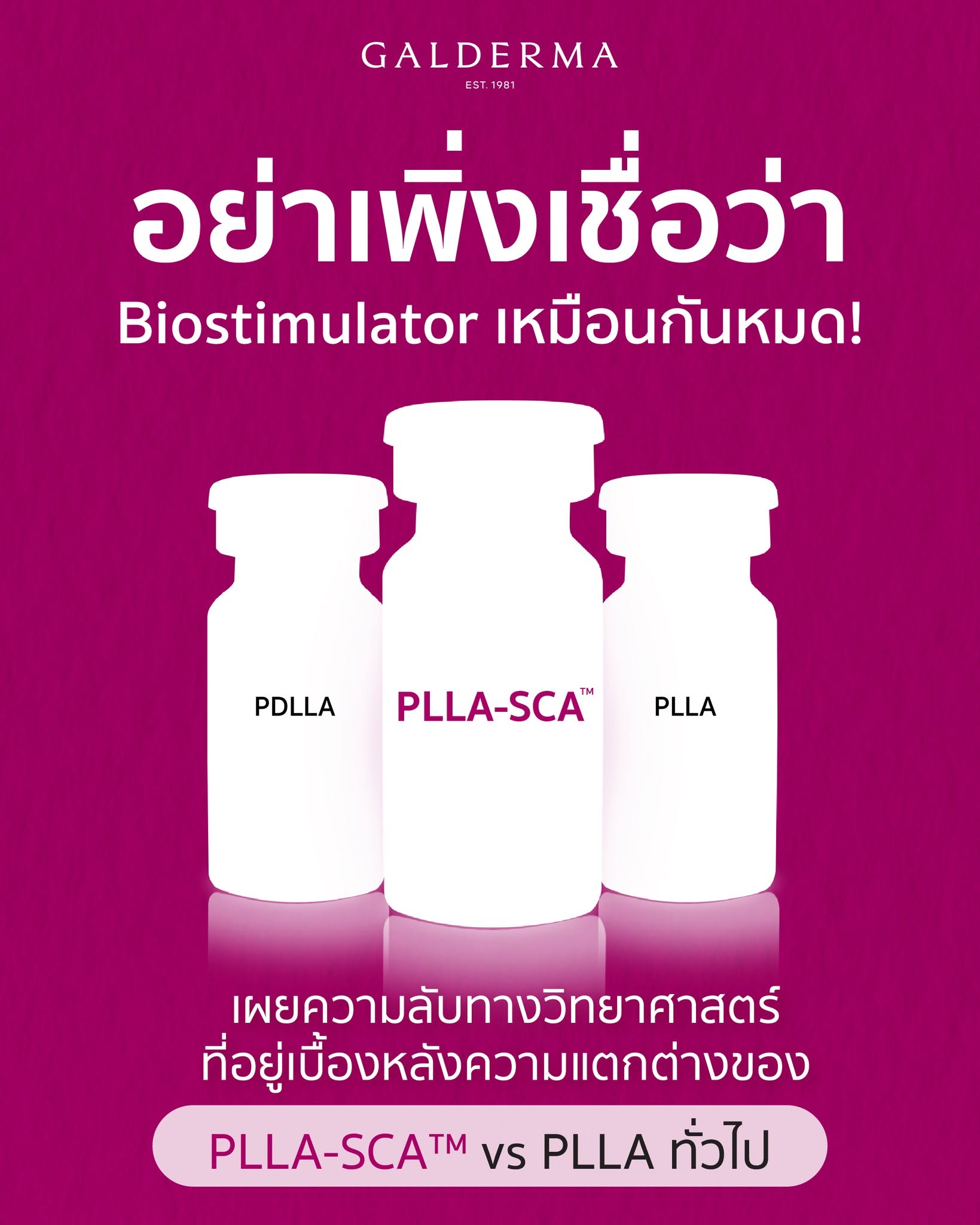 อินโฟกราฟิกเปรียบเทียบ PLLA-SCA™ กับ PLLA ทั่วไป  พร้อมอธิบายความแตกต่างของ Biostimulator