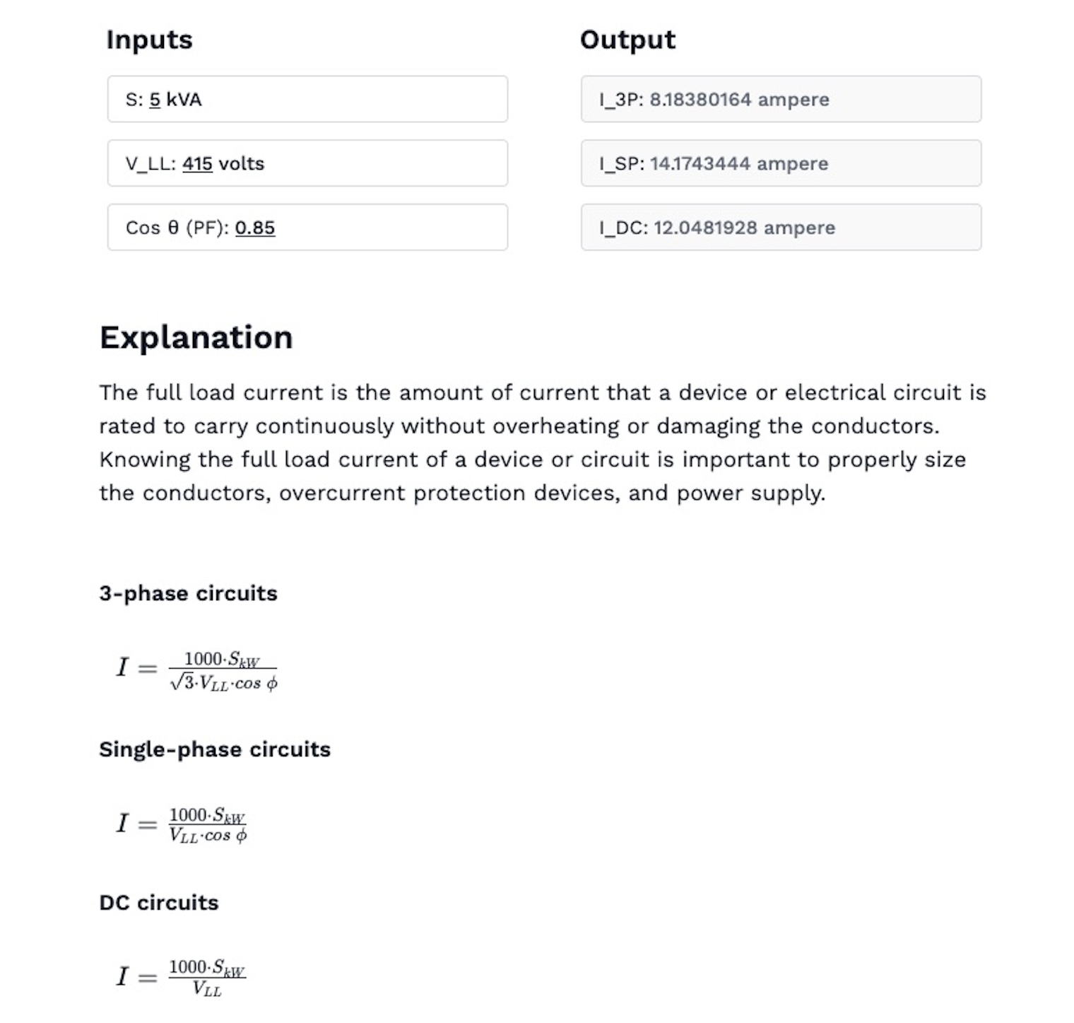 Calculate the FullLoad Current CalcTree