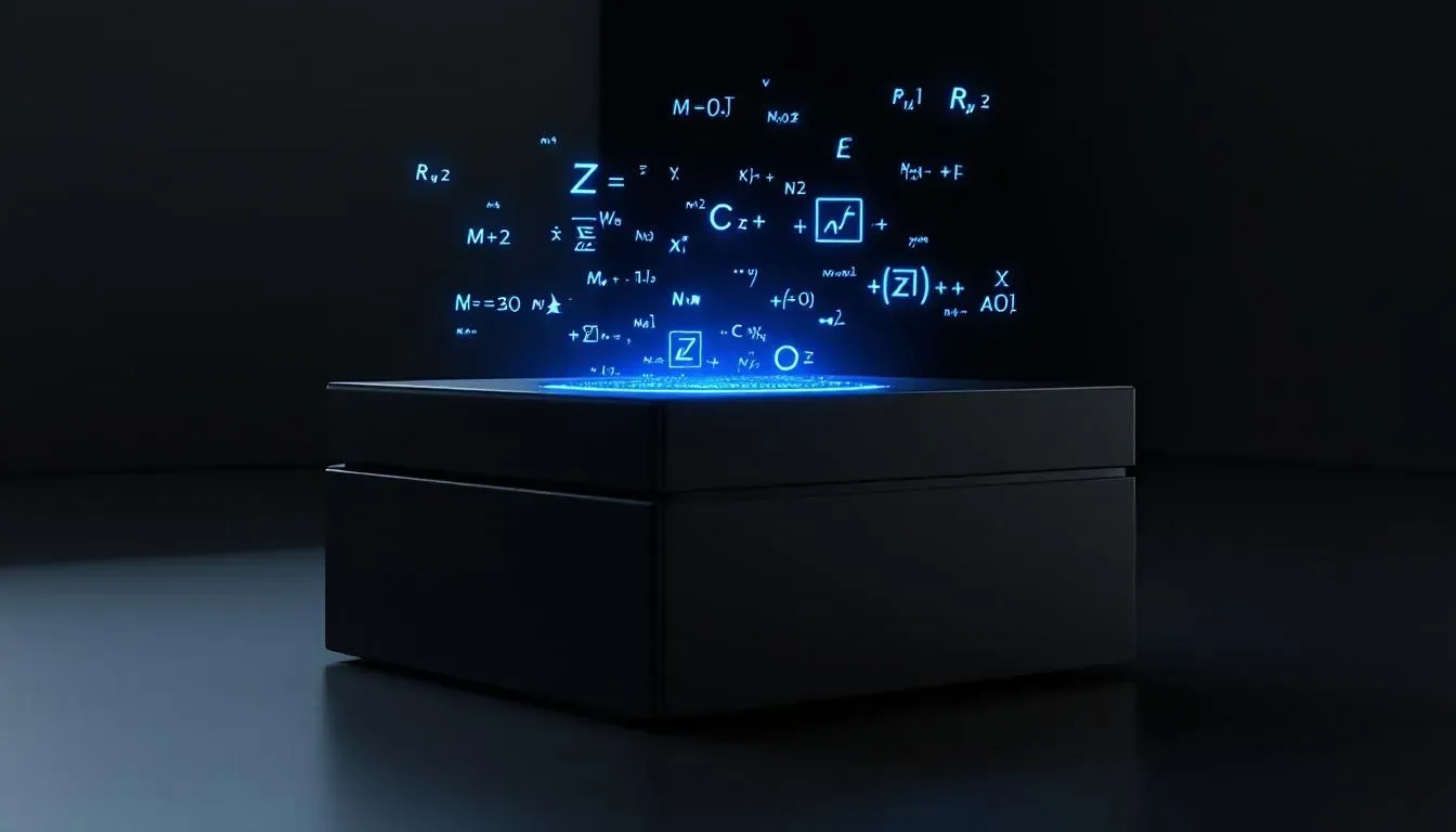 The image depicts a black box with intricate gears and symbols, representing the mysterious calculation logic used by structural engineers for engineering calculations. This visualization suggests the hidden complexities behind structural analysis and design, emphasizing the efficiency and automation that design software offers to professionals in the field.