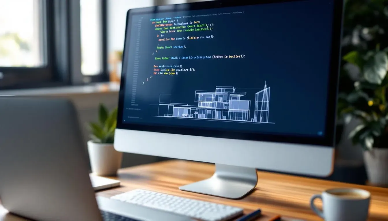 A computer screen displays a segment of Python code alongside a 2D design of a building, illustrating the integration of programming in structural design and analysis. This image highlights the tools and software used by structural engineers to enhance project efficiency and accuracy in their workflows.