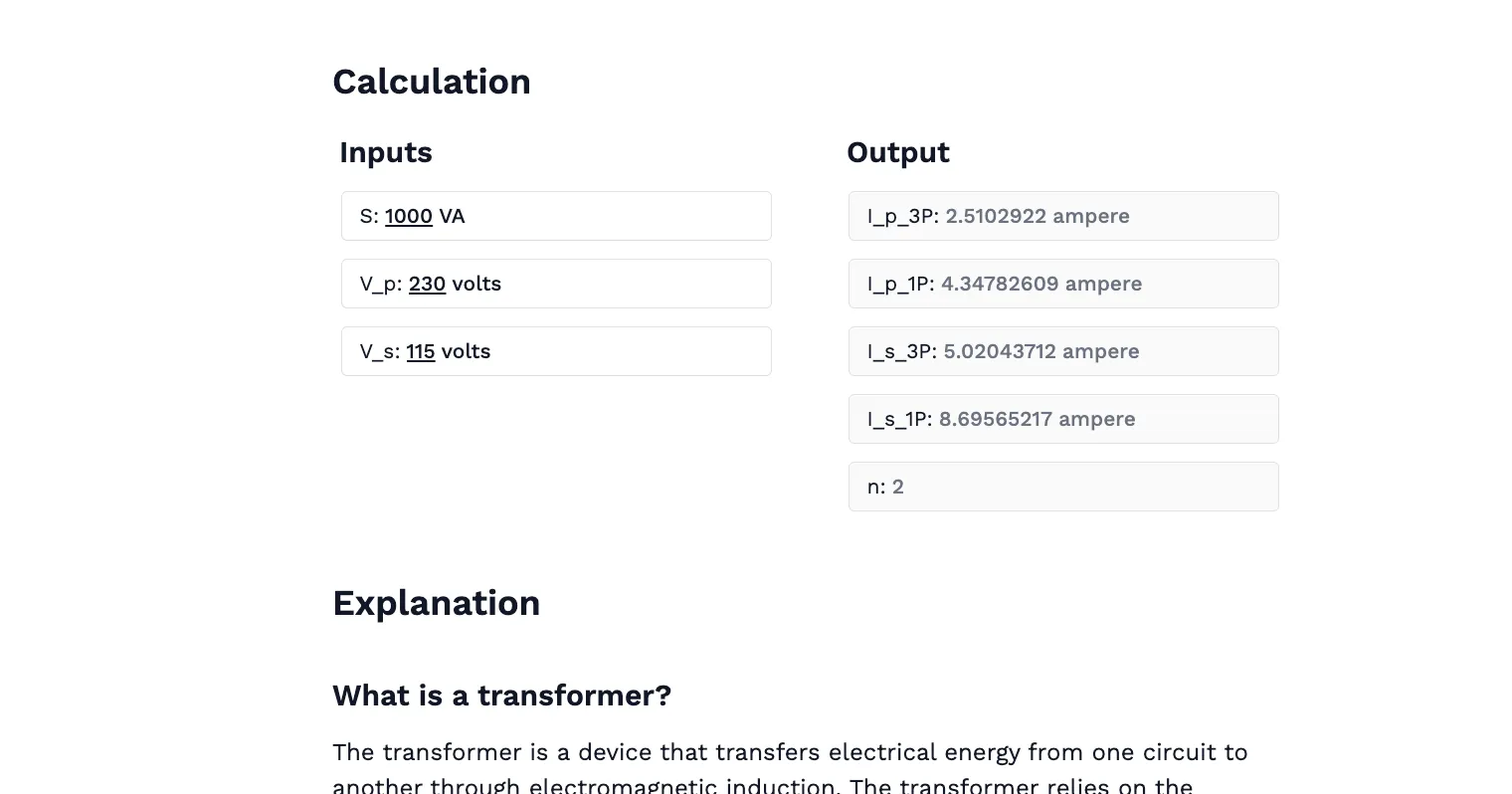 Transformer Full Load Current and Turns Ratio Calculator