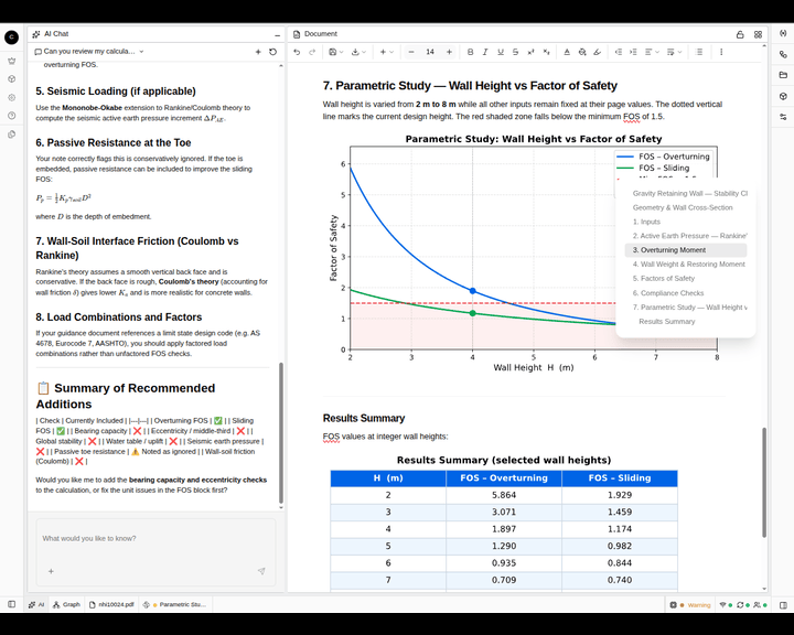 CalcTree AI reviewing a retaining wall calculation against uploaded design document