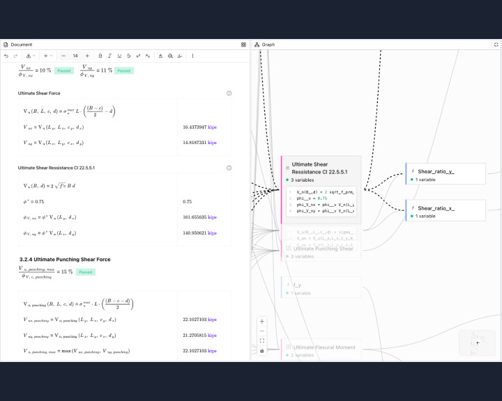 A change to a design input cascading automatically through a live engineering calculation.
