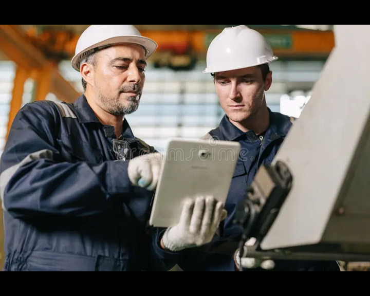 Two engineers working together at a screen reviewing technical documents