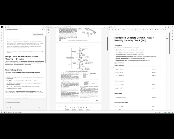 CalcTree AI Chat explaining an uploaded reinforced concrete column design PDF from the workspace knowledge base, beside a live column capacity calculation.