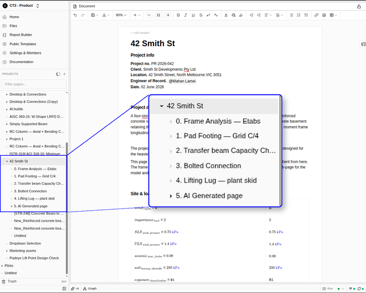 CalcTree project page with a magnified page tree, showing one design basis register feeding multiple downstream calculation sub-pages.