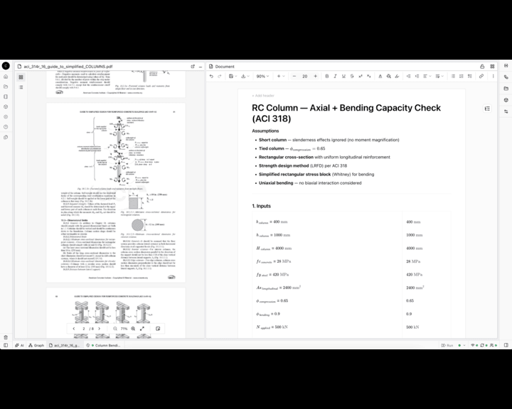 CalcTree answering a question about a team's internal compliance document, with the answer cited back to the source and a link into a live calculation that applies it.