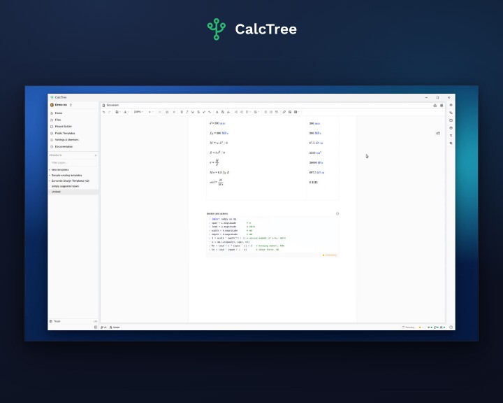 A CalcTree page showing an AS 4100 beam check with an inline Python cell that references the page variables