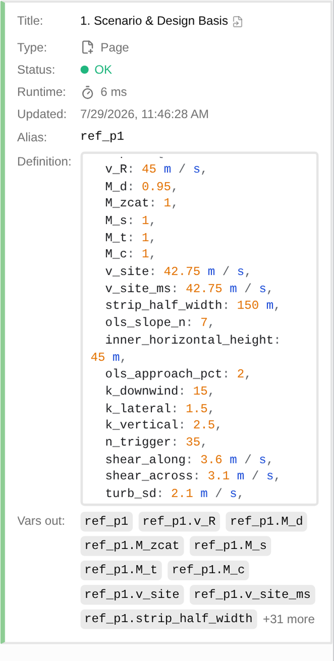 The page-connection node on the geometry check, resolving to the design basis page and the values it supplies.
